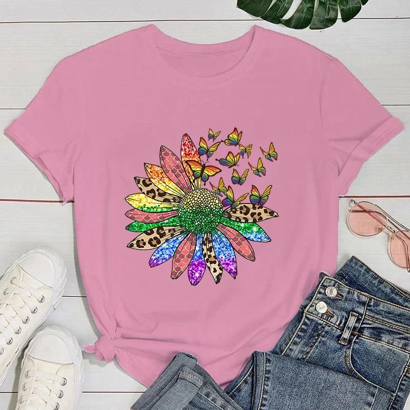 (Premium T-shirt)Funny Lgbt Sunflower Butterfly Print T-Shirts For Women Summer Round Neck Tee Shirt Femme Fashion Casual Top