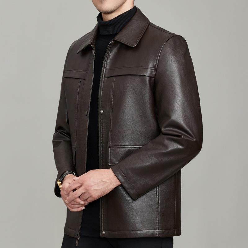 Middle-aged Leather Jacket Men's Dad's Clothing Thickened Sheepskin Jacket Large Size Casual Jacket Down Lining Removable