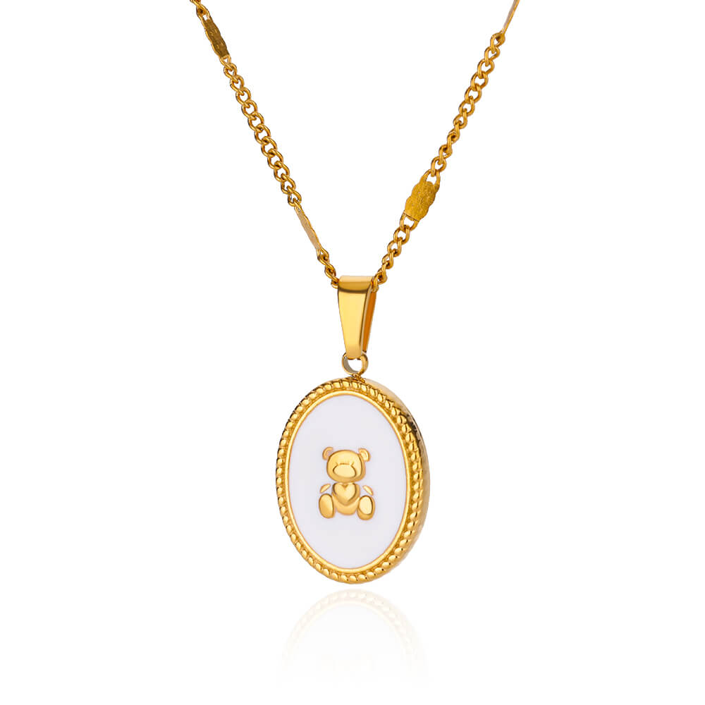 Tiny Bear White Oval Pendant Necklaces Stainless Steel Necklace For Women Aesthetic Waterproof Jewelry Accessories Gift