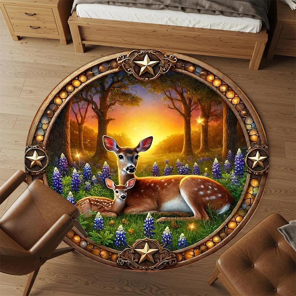 1pc Deer Forest Round Chair mat Area Rug - Non-Slip, Floor Mat for Office, Bedroom, home decor Christmas Gift-1002336