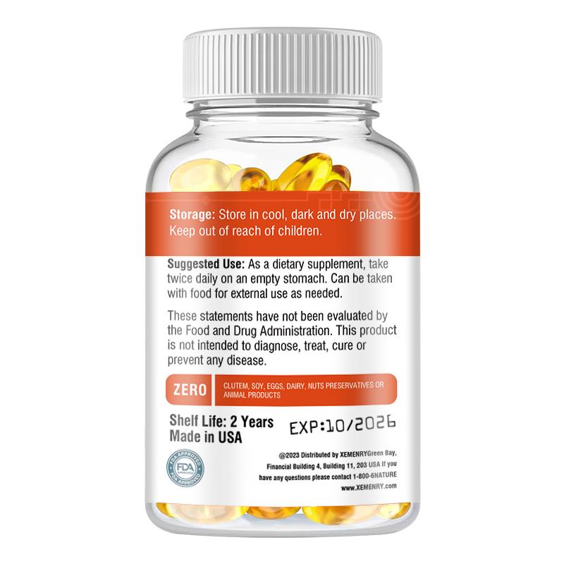XEMENRY Organic Sea Buckthorn Seed Oil Capsules, beneficial for gut and heart health, 2000 mg per serving, suitable for adults.