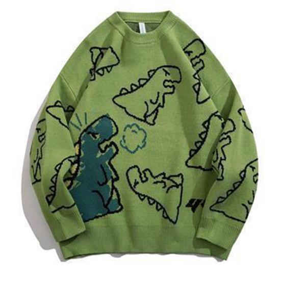 Мужской свитер осень-зима с рисунком динозавра, свободный свитер с круглым вырезом и длинными рукавами, в стиле хип-хоп, средней длины, для повседневной носки, работы, школы, улицы
