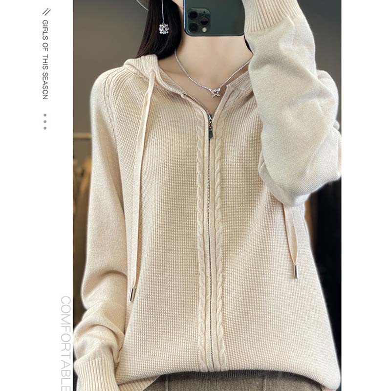 Женская кардиган с капюшоном на молнии, трикотажная куртка, однотонный свитер, повседневная толстовка с капюшоном, теплая трикотажная куртка в стиле Харадзюку на осень и зиму