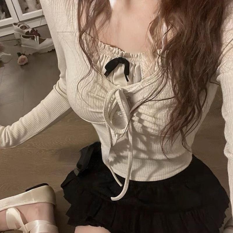 Розовая милая и пряная футболка из двух предметов с длинным рукавом, женская ранняя осень в балетном стиле, облегающий короткий топ с бантом для пикантной девушки