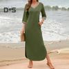 Women Maxi Dress with Side Pockets V Neck 3/4 Sleeves Loose Slit Hem Solid Color Patchwork Solid Color Loose Pullover Beach Dress