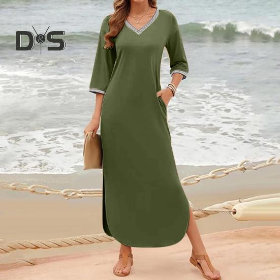 Women Maxi Dress with Side Pockets V Neck 3/4 Sleeves Loose Slit Hem Solid Color Patchwork Solid Color Loose Pullover Beach Dress