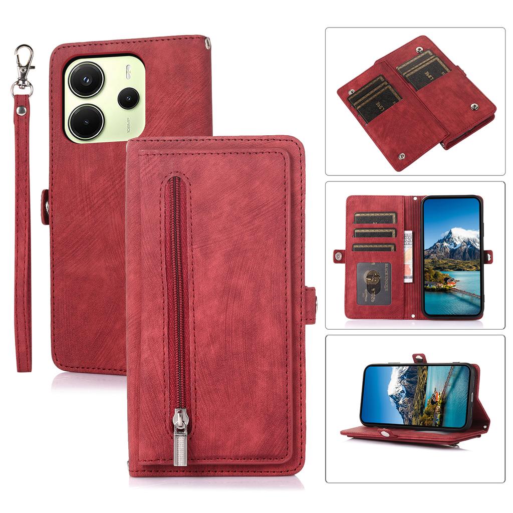 For Xiaomi Redmi Note 14 4G (164.84mm) Case Zipper Pocket 9 Card Slots PU Leather Phone Cover with Wrist Strap