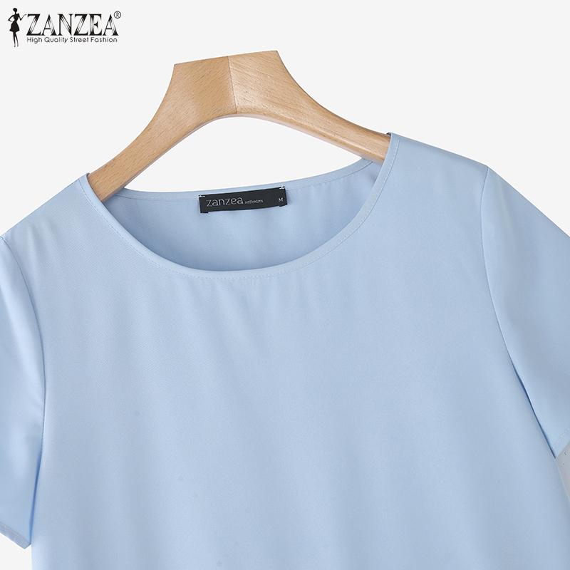 ZANZEA Women Casual Round Neck Summer Patchwork Short Sleeve Blouse