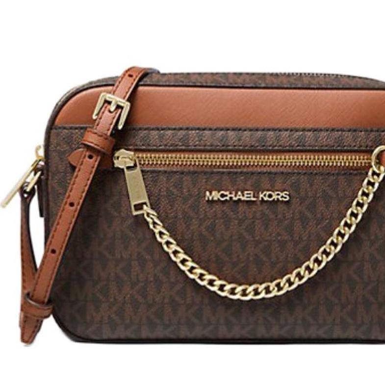 Michael Kors Mk Jet Set Сумка-камера с монограммой и цепочкой из ПВХ и кожи Женская сумка через плечо Карамельный Желудь 35S1GTTC9B-BROWN