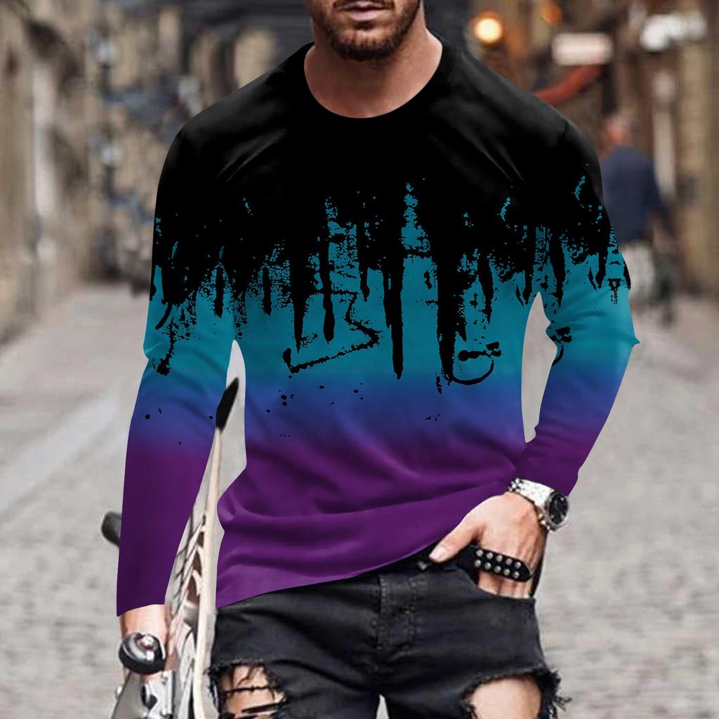 Men's Spring Ink Print Long Sleeve T-Shirt Men's Loose Casual Fashion Long Sleeve T-Shirt