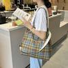 Retro Plaid Ladies Canvas Tote Handbags Large Capacity Portable Women's Shopping Bag Letter Print College Girls Shoulder Bag