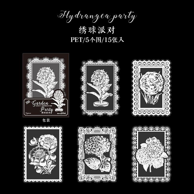 15pcs White Ink Lace Plant Flower Sticker Pack, Art Retro Style Hollow Lace Floral Journal Material, Student Diary Album DIY