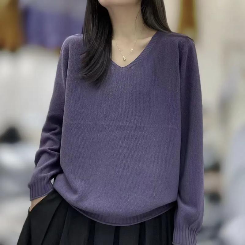Свитер с V-образным вырезом Стильный базовый Новый Пуловер с длинным рукавом Свободный Универсальный однотонный топ для женщин