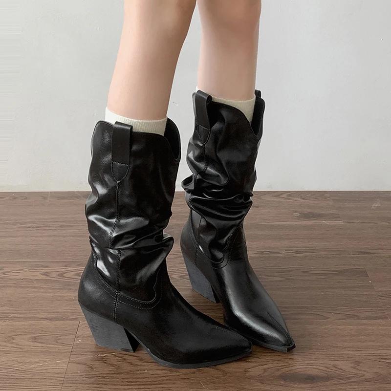 Винтажные женские сапоги-ковбойши с острым носком, модные туфли без застежек, осень-зима, на толстом каблуке, женские полусапожки до середины голени