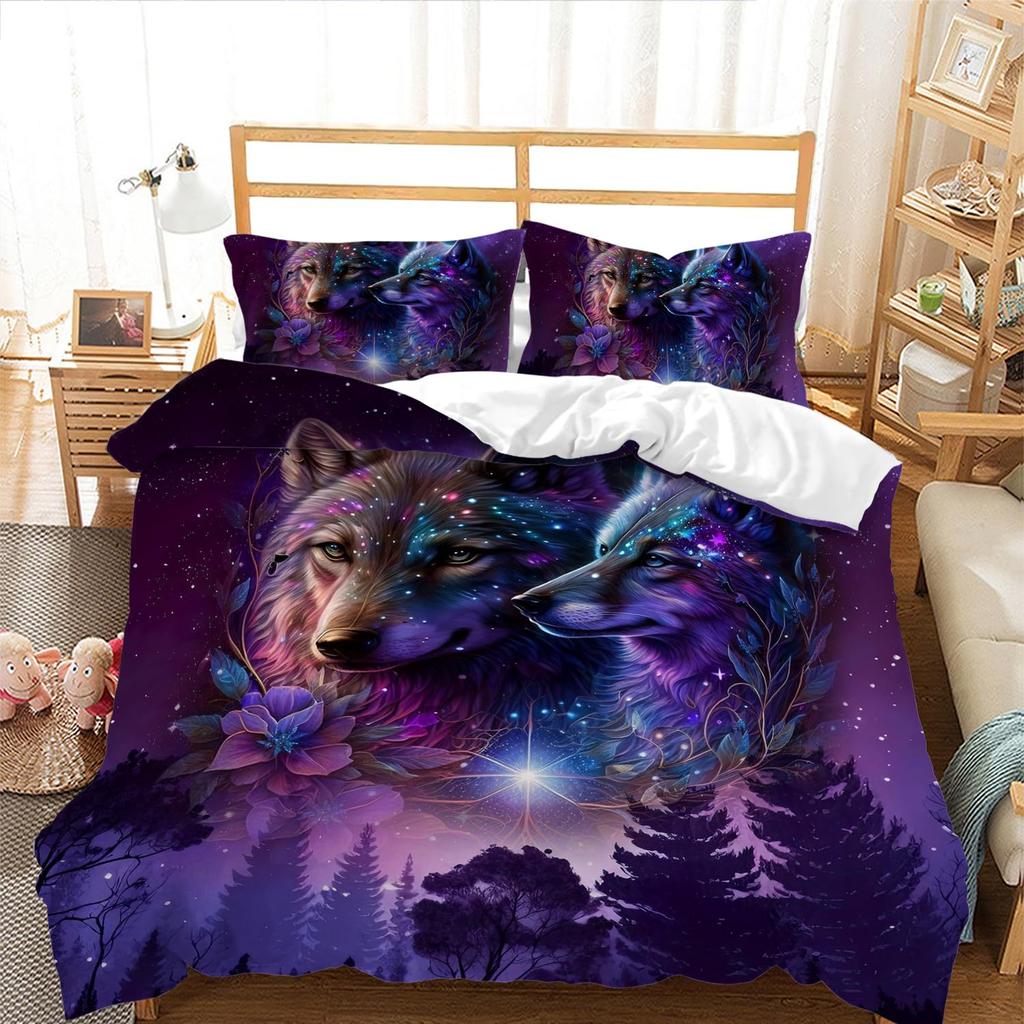 Purple Starry Night Galaxy Wolf Three-piece Quilt Cover 3D Digital Printing Bedding Set Bed Cover