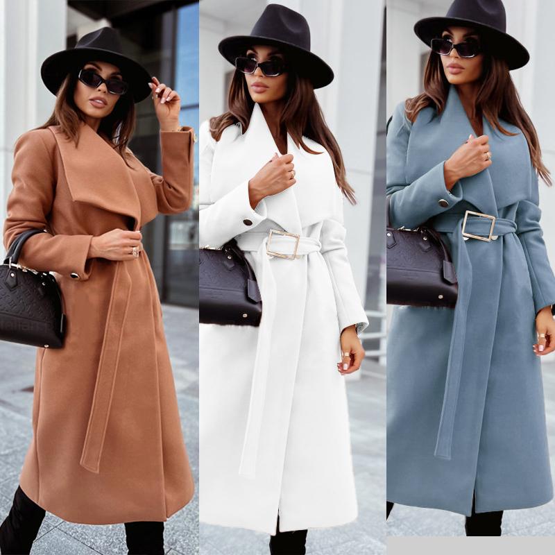 Long Sleeve Elegant Casual Wool Women Autumn Winter Solid Color Sweet V Neck Korean Loose Vintage Fashion Long Coat Blends 2022