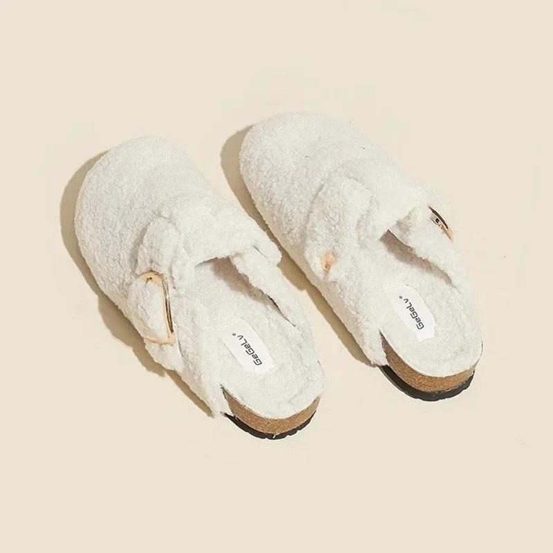 Maogu Mules Fur Woman Shoes Winter New Buckle Flats Platform Walking Plush Ladies Slides Casual Warm Indoor 2025 Women Slippers
