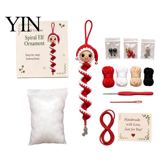 Crochet Gift for Her Doll Spiral Ornament DIY Kit, Holiday Craft Set with Soft Yarn, Beads, Christmas Tree Hanging Window Wall Cabinet Handmade