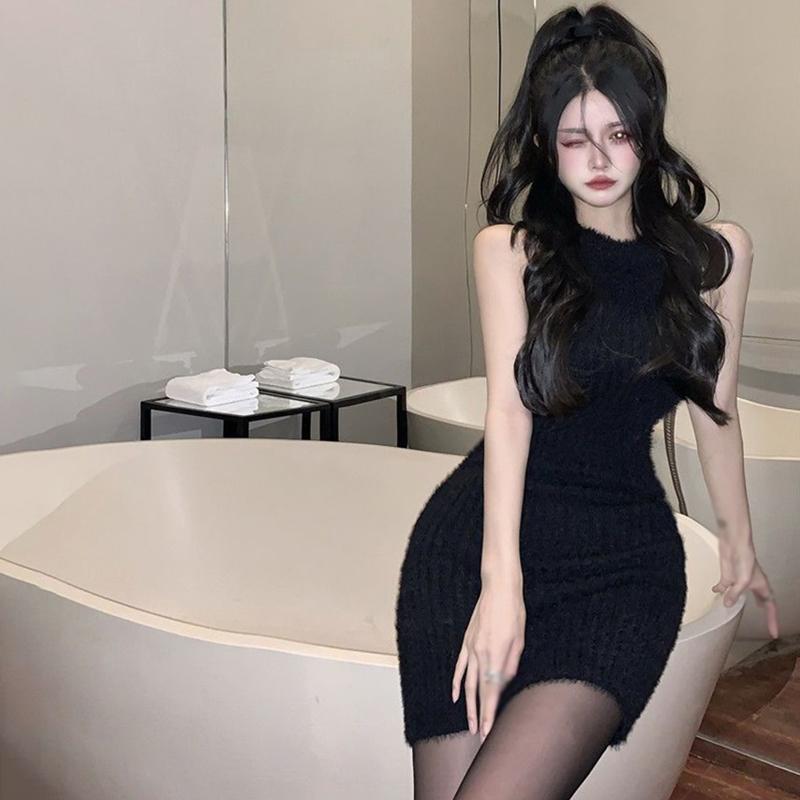 Полое облегающее мини-платье с открытой спиной и лямкой на шее, женское однотонное платье-футляр без рукавов для уличного клуба и вечеринки