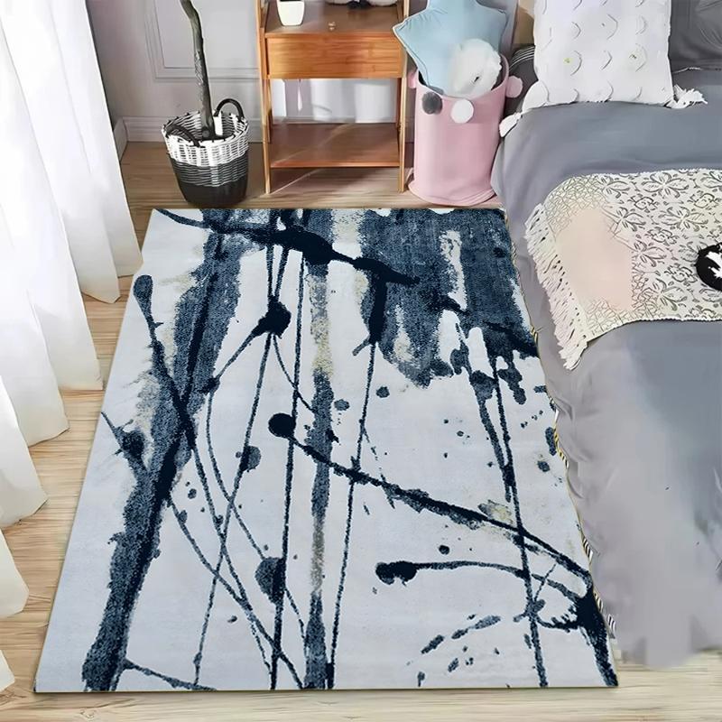 Artistic Blue White Ink Brush Abstract Pattern Area Rug Modern Art Style Non-Slip Floor Mat for Living Rooms Bedrooms