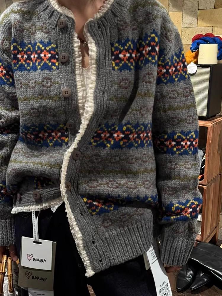 Корейский ретро кардиган в стиле Fair Isle с цветовыми блоками - Мягкий, уютный трикотаж для осени/зимы