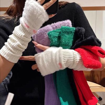 Женские зимние теплые перчатки с полупальцами, симпатичные открытые пальцы, рукава для рук, вязаные ворсовые рукава, мода