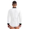 Mens Dance Leotard Glittery Rhinestones V Neck Design Long Sleeve Satin Patchwork Bodysuit