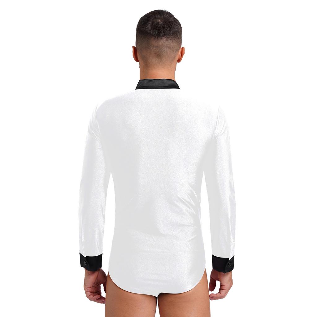 Mens Dance Leotard Glittery Rhinestones V Neck Design Long Sleeve Satin Patchwork Bodysuit
