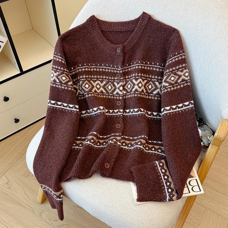 2026 Autumn/Winter Women's Retro Korean-Style Color Block Jacquard Knit Pullover Cardigan