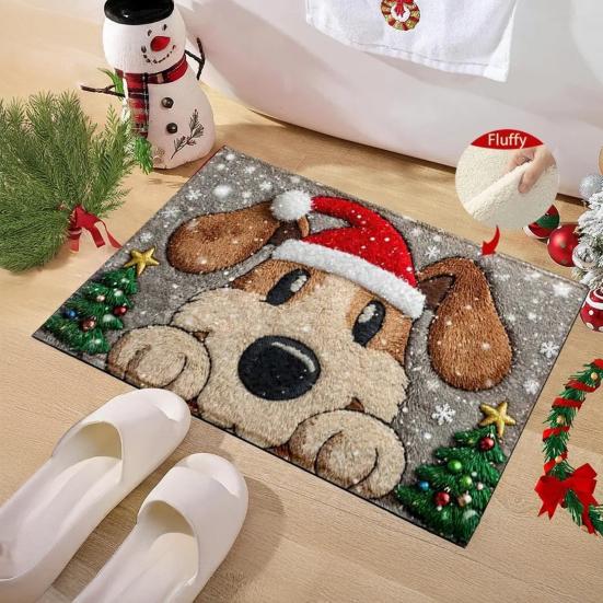 Коврик на пол из искусственного меха, мультяшный рисунок оленя и собаки, рождественская тематика, нескользящий коврик, декор для гостиной, спальни, кухни