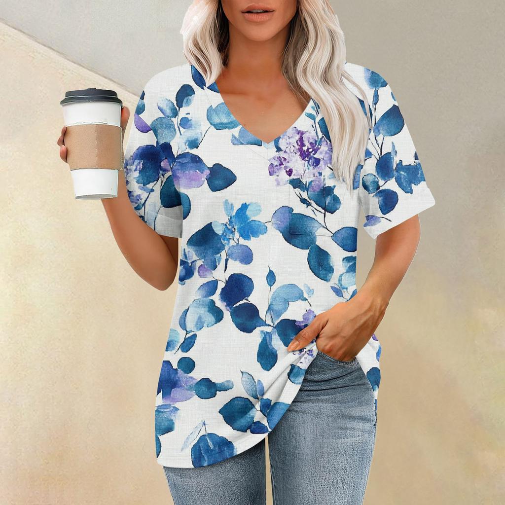 Women's Fashion Pocket V-neck Short Sleeve Plant Floral Print T-shirt Top