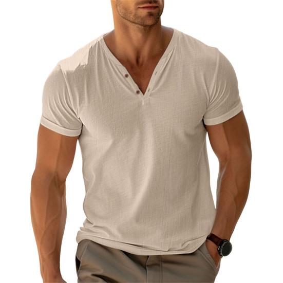 Men's Henry Collar T-shirt Short Sleeve Solid Color Summer Tee Shirt Cotton Blend Casual Top for Daily Wear Beach Travel
