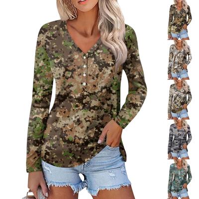 Женская модная повседневная кофта с длинными рукавами и принтом листьев, камуфляжным принтом, V-образным вырезом и пуговицами