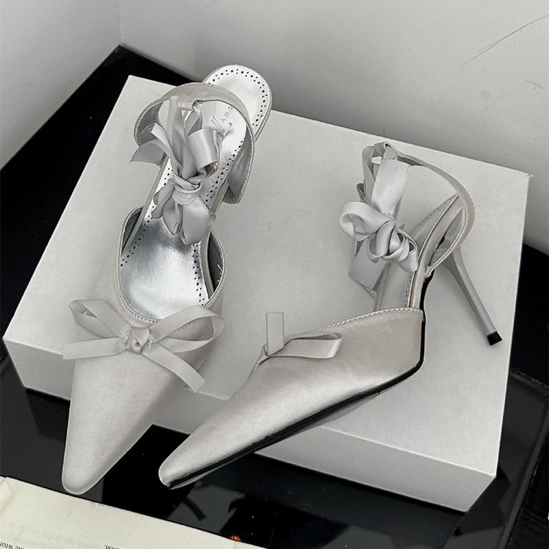 Мода Мода Бант Сатин Ремешок на щиколотке Женские туфли-лодочки Элегантный Острый носок Шпилька Высокие каблуки Женские Слингбэки Свадебные Выпускные туфли