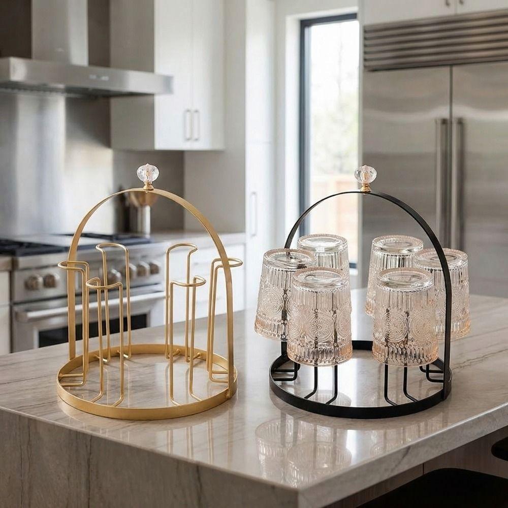Durable Iron Glass Cup Storage Rack Gold/Black Freestanding Water Cup Drying Rack with Handle Upside Down Cup Organizer Kitchen