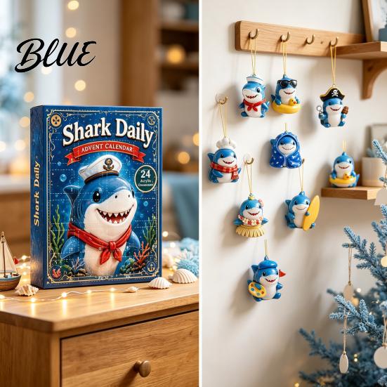 Holiday Countdown Calendar Marine Shark Advent Calendar, 24 Days Christmas Acrylic Collectible Curiosity Toy Set Figures, Hanging Ornament for