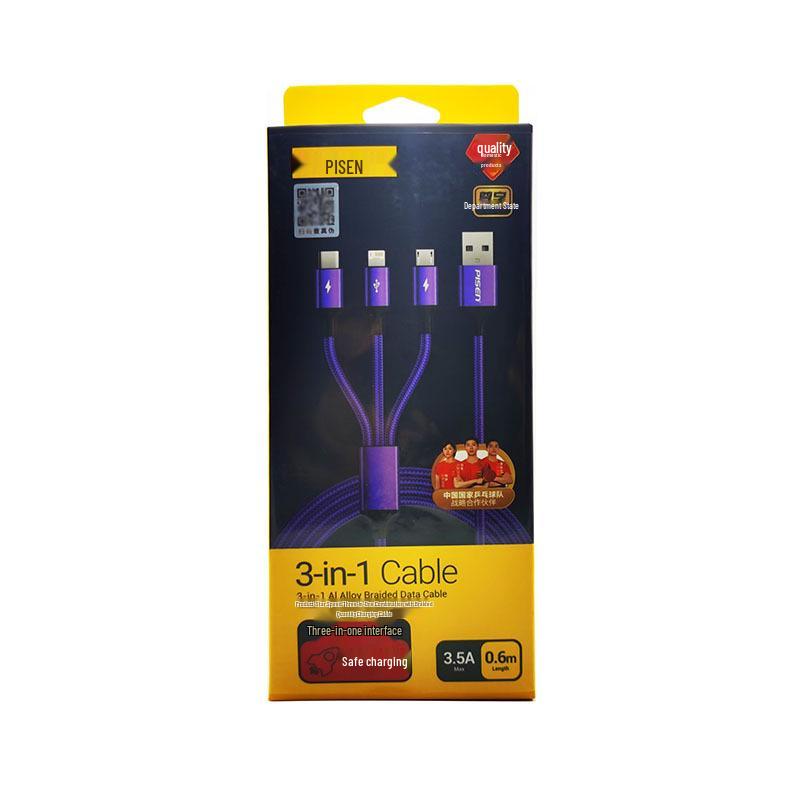 Pisen 100W USB-C 3-in-1 Braided Fast Charging Cable, Customizable with Logo.