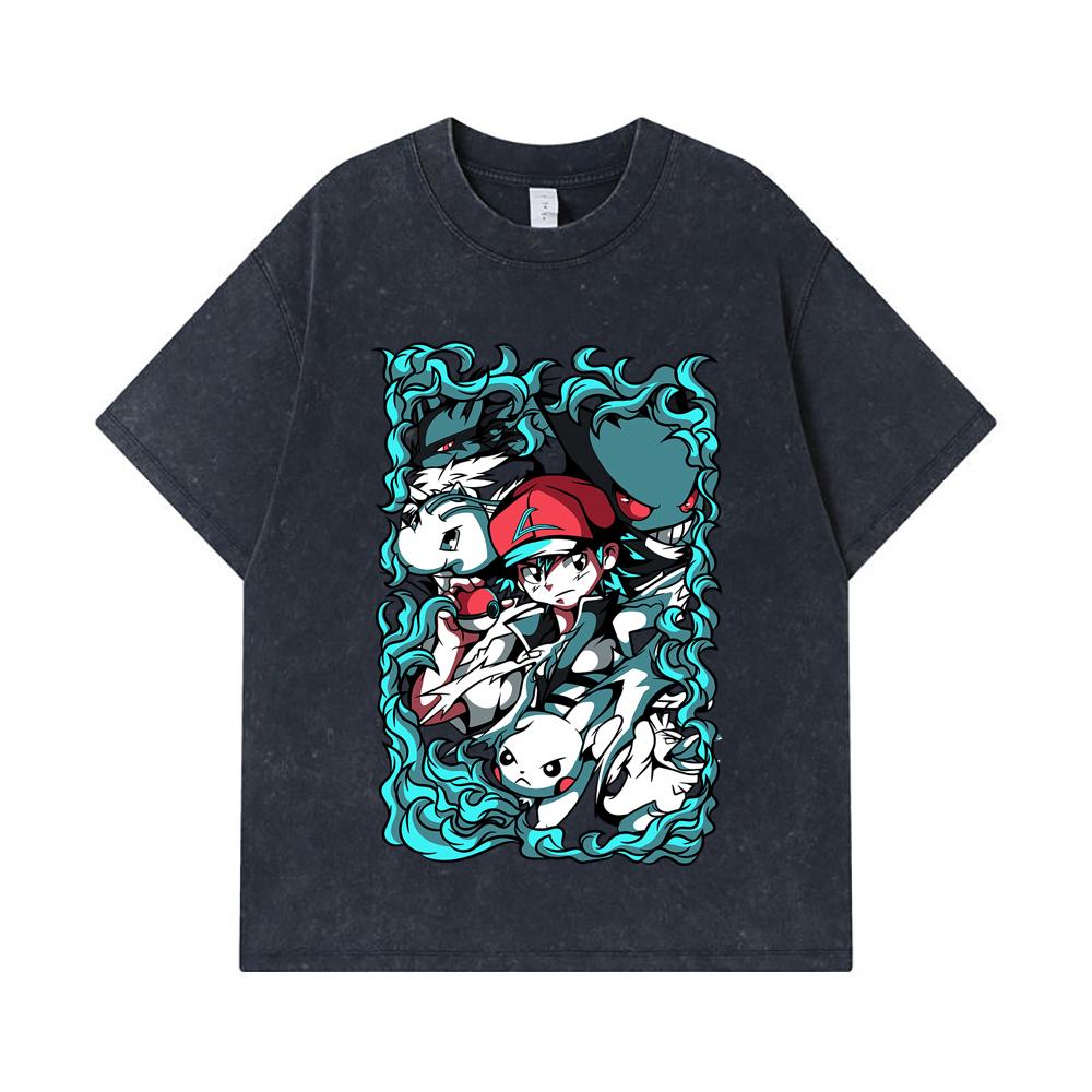 Стиранные футболки 275 г/м² 100% Хлопок Печать Pokemon V26 Унисекс Футболка из плотного хлопка