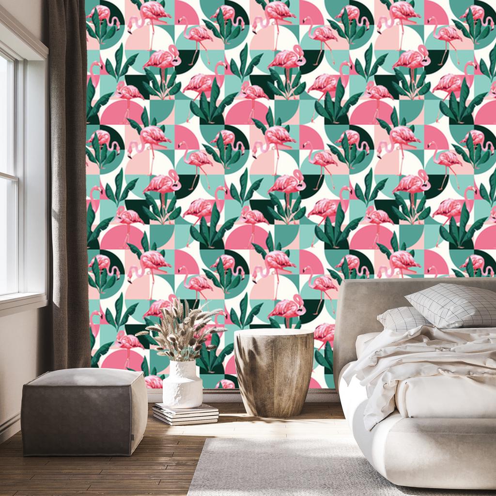 Wallpaper Fashionable pink flamingos and leaves for living room and bedroom 50x1000