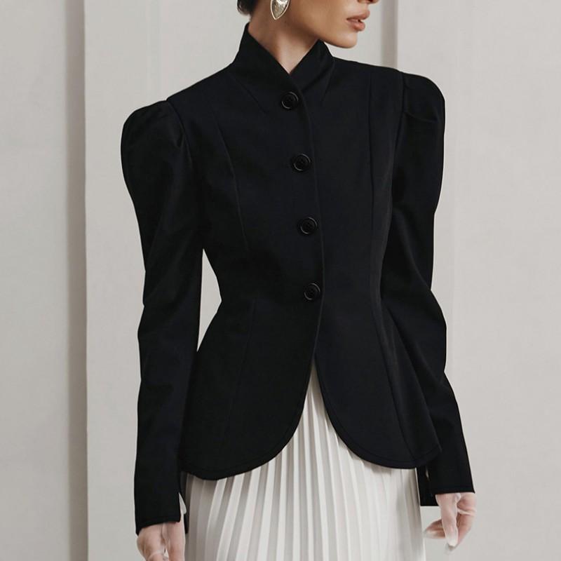 Womens Elegant Commuter Blazer Retro Stand Collar Puff Sleeve Black Coat Winter Fashion