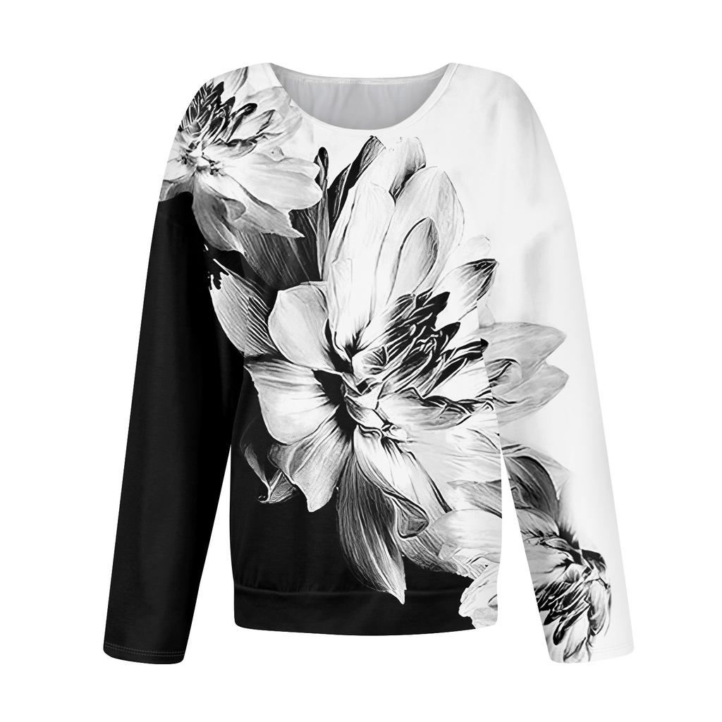 Women's Fashionable Casual Long Sleeved Printed Off Shoulder Round Neck Top