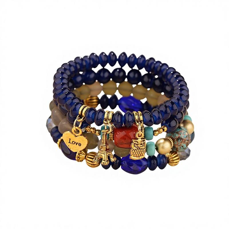 Women's Bohemian Beaded Heart-Shaped Iron Tower Owl Bracelet