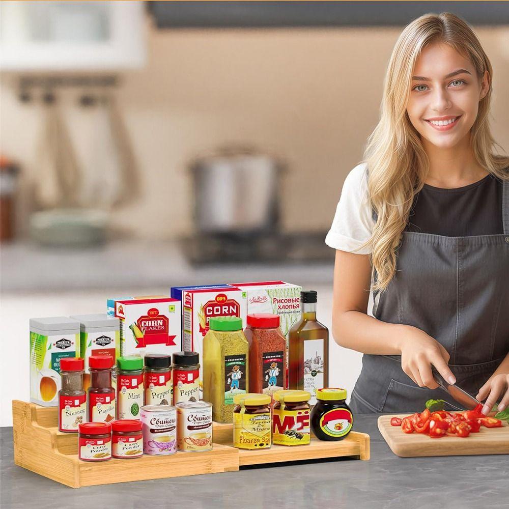 Expandable Kitchen Cabinet Organizer Bamboo Seasoning Organizer Spice Rack Organizer Kitchen