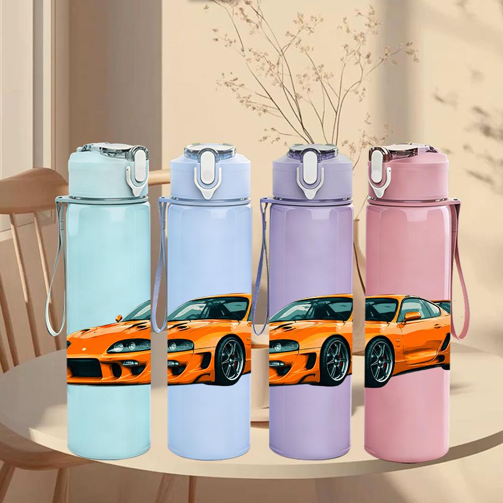 1PC Orange Sport Coupe Car Graphic 750ml Color Plastic Water Bottle Leakproof Flip Straw Lid For Sports Office Home Use
