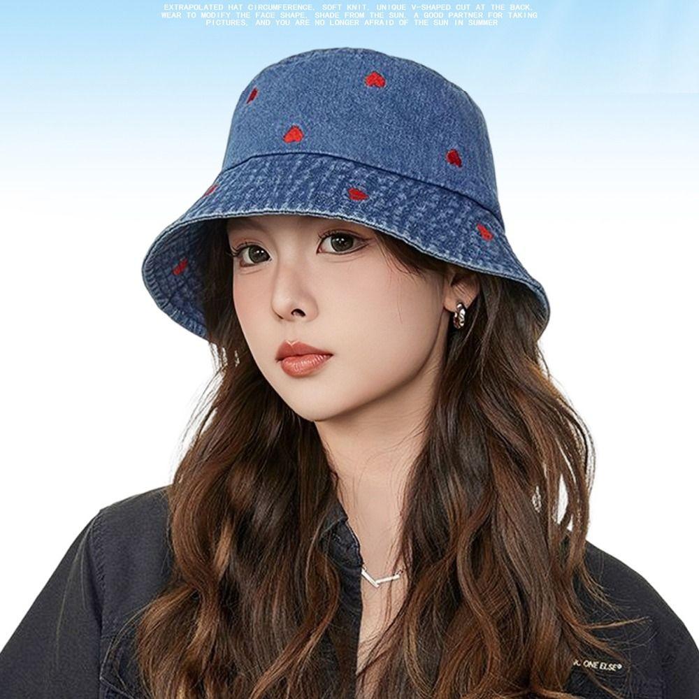 Love Heart Embroidery Denim Fisherman Hat Versatile Sun Protection Hat Fashion Bucket Hat Women
