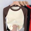 Women's Cotton High-stretch Thread Autumn and Winter Vintage Contrast Raglan High Waist Long-sleeved Top