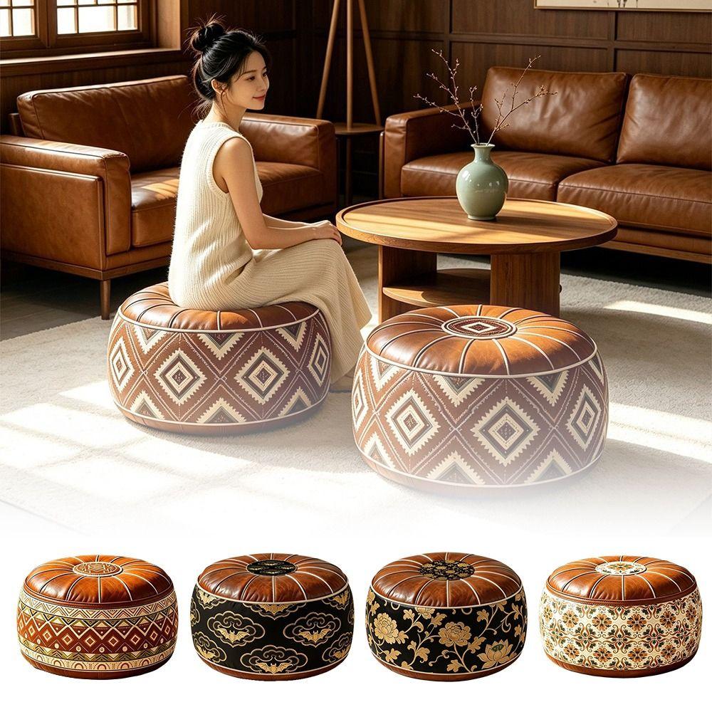 Fillable Design Ottoman Pouf Boho Pattern Round Pouf Cover Portable Footstool Cover Home Use