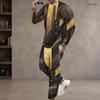 Men Plus Size Black Gold Silver Printed Round Neck Long Sleeve Top Cuffed Pants Two Piece Set