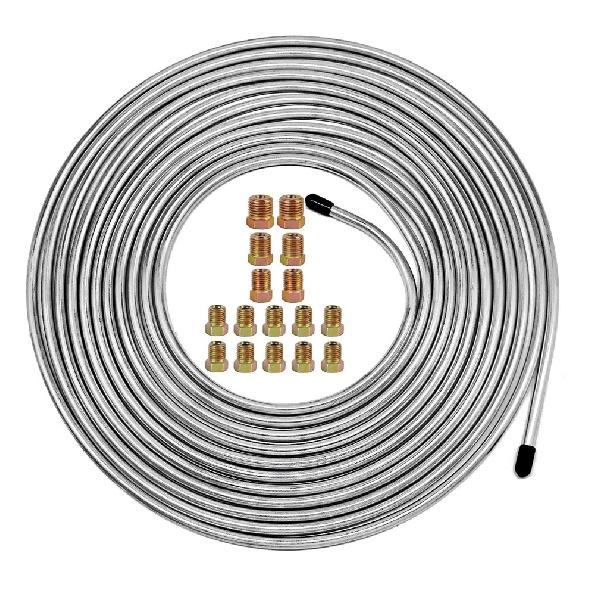 Zinc-Coated Brake Line Tubing Kit 50 Ft. 3/16" OD With 16 Fittings Silver 1PC US