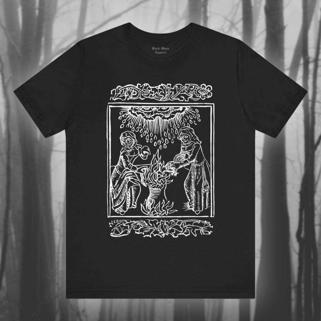 Witches Brewing Up a Storm II, Vintage Medieval Woodcut Shirt, Witchcraft T-shirt, Gothic, Occult Black Magic Unisex Short Sleeve Tee